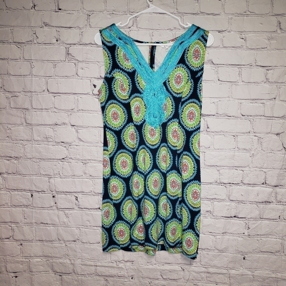 crown & ivy Navy Blue, Turquoise & Lime Green Sleeveless Midi Dress